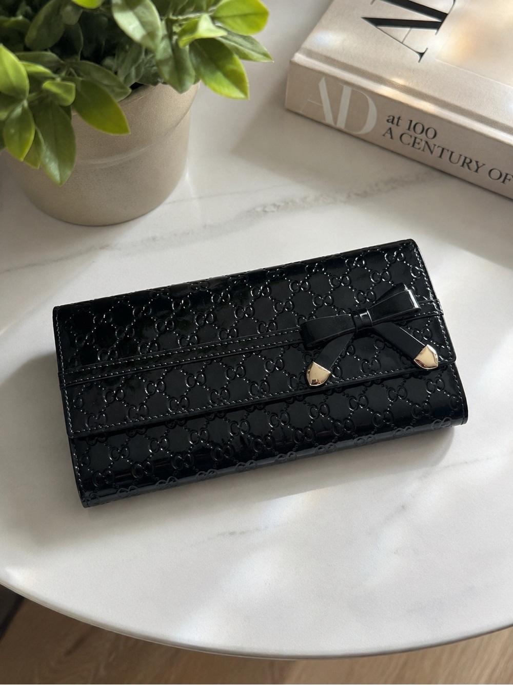 Nucelle Black Patent Bow Wallet Clutch Embossed Long Wallet